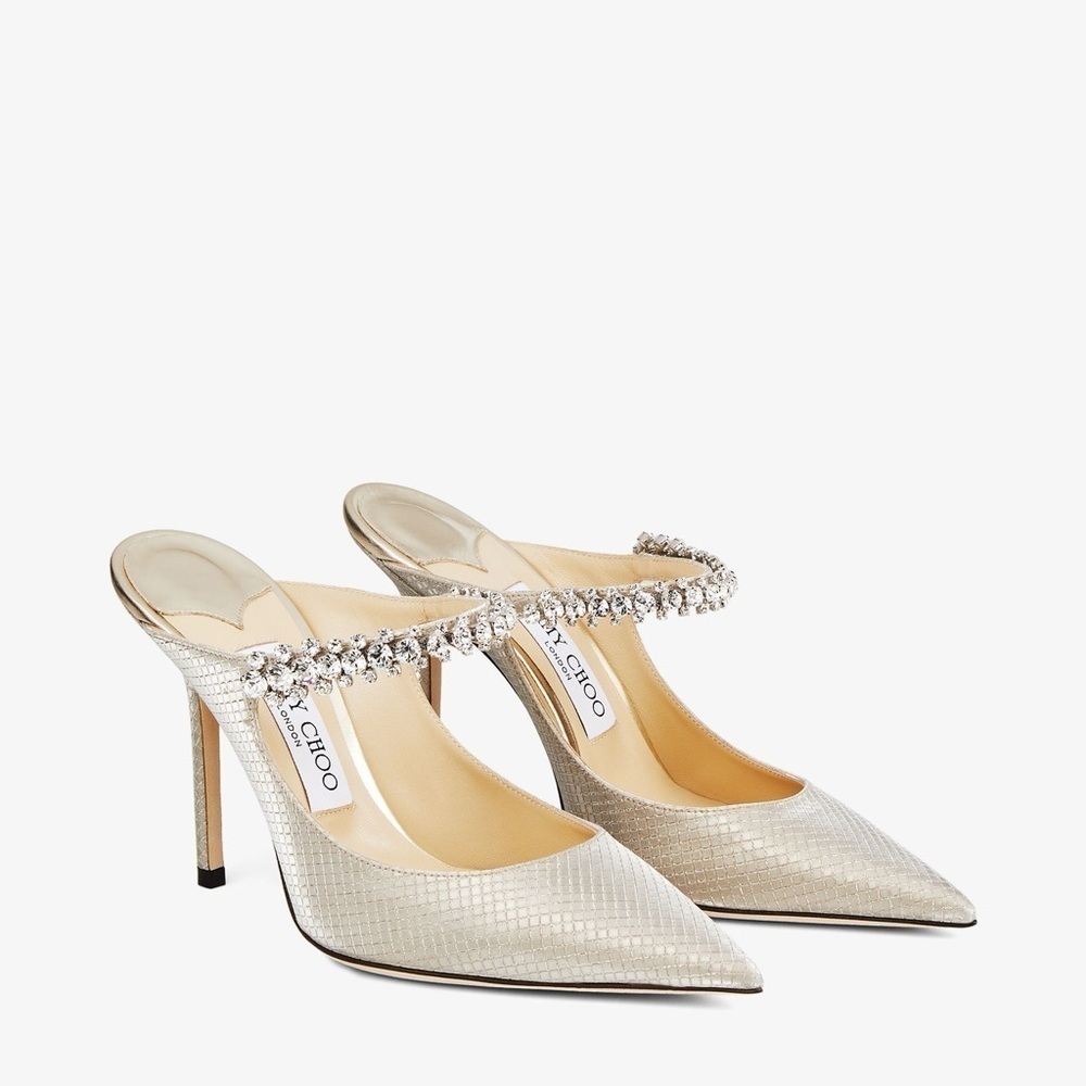 Jimmy Choo Gold Champagne Bing 100 Glitter Fabric Mules w/ Crystal Strap EU 37.5